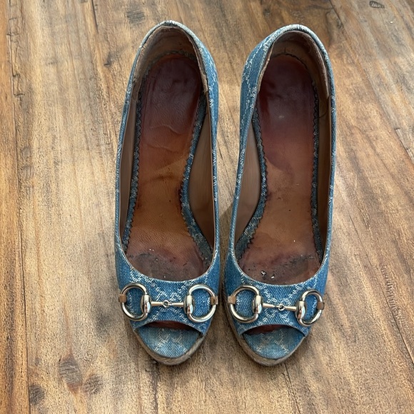 GUCCI Denim Horsebit Wedges Size 38 (8) - Picture 3 of 8